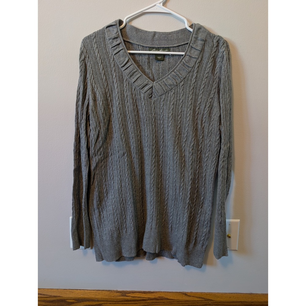 Eddie Bauer Womens Gray Cable Knit V-Neck Sweater Pleated Trim Size L